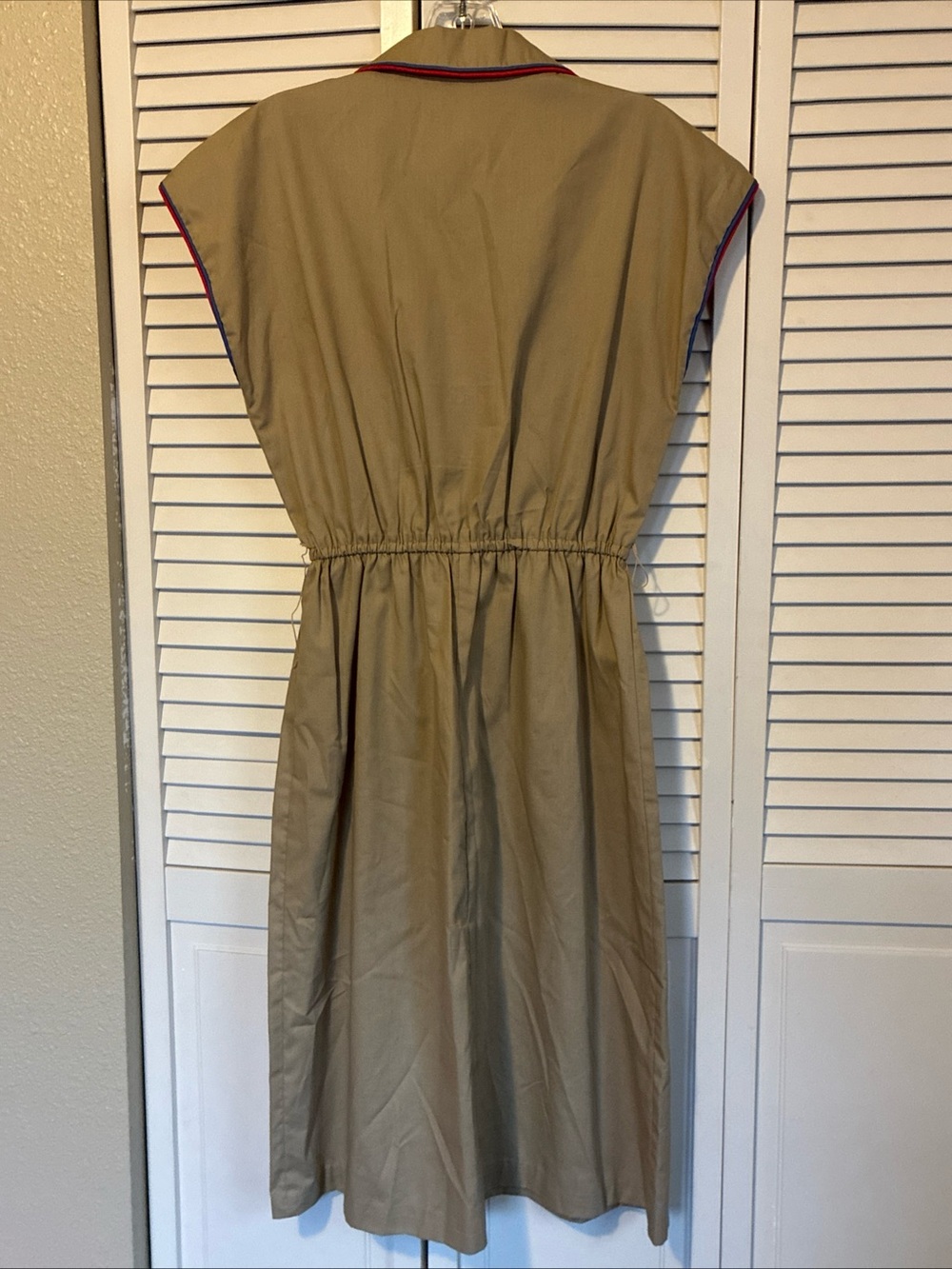 Vintage 70s Romper House Dress Beige with Red/Blue Piping Camp Western L (10-12) - Picture 4 of 7
